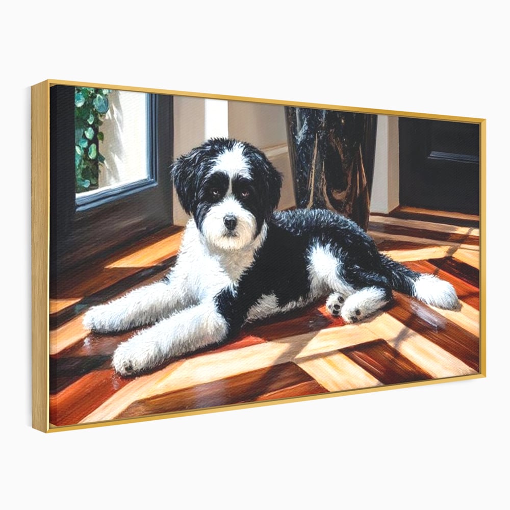 Tablou canvas cu tablou canvas cu catel negru cu alb, in rama de aluminiu auriu
